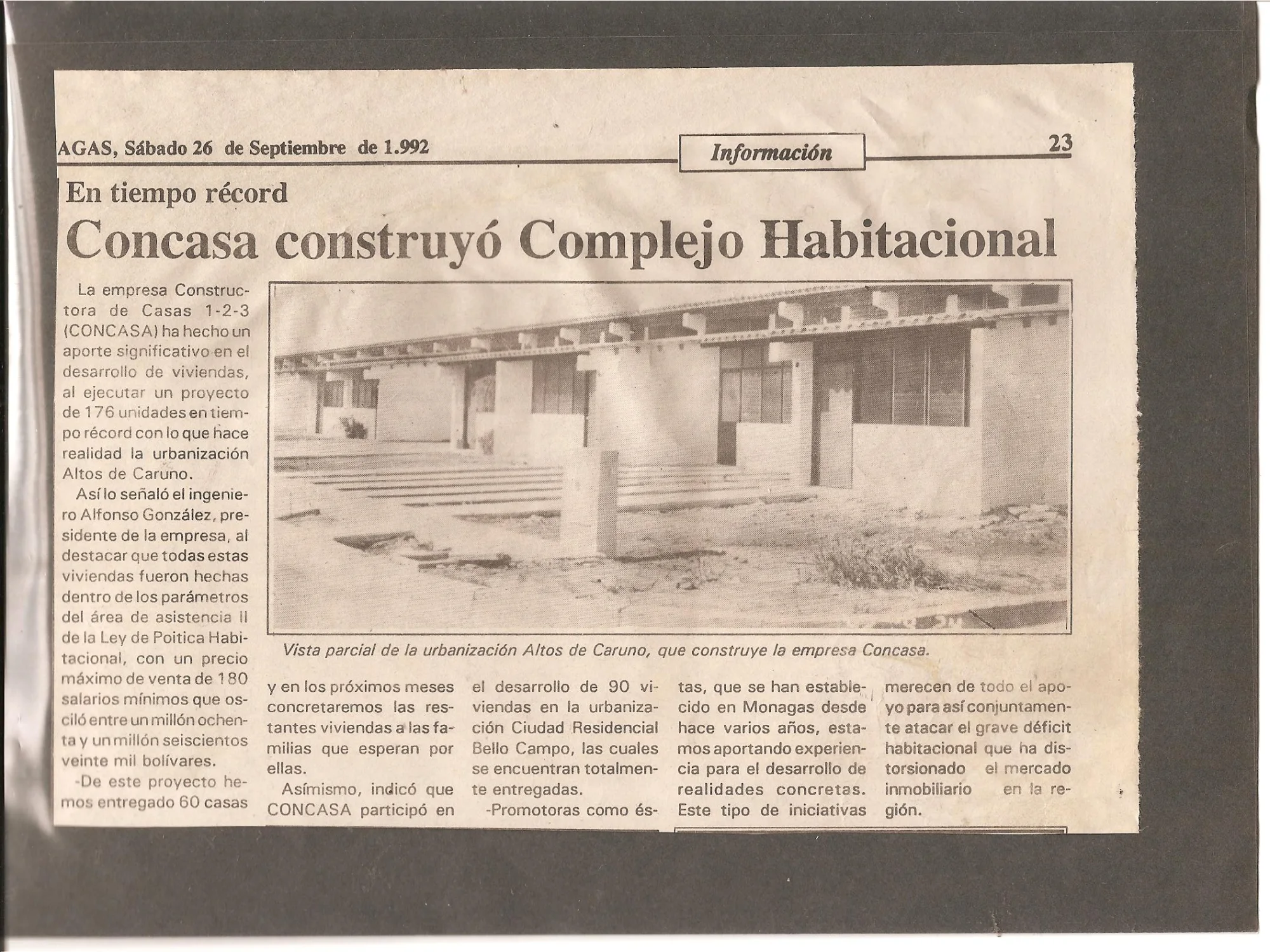 La prensa venezolana, 26 de septiembre de 1992: «En tiempo récord, Concasa construyó Complejo Habitacional».